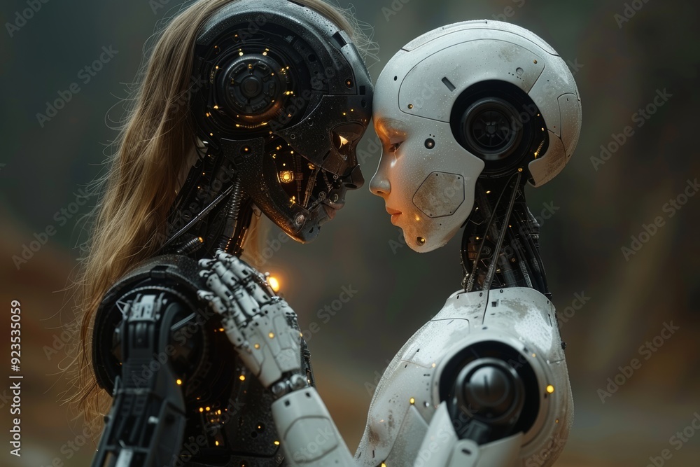 Fototapeta premium Artificial Beings Sharing an love Moment in a Dystopian Landscape at Dusk