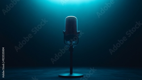 Vintage microphone in spotlight against dark background