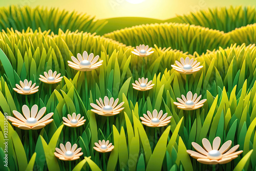 Bright Paper Flowers Blooming Amidst Lush Green Grass Under Golden Sunrise Glow photo