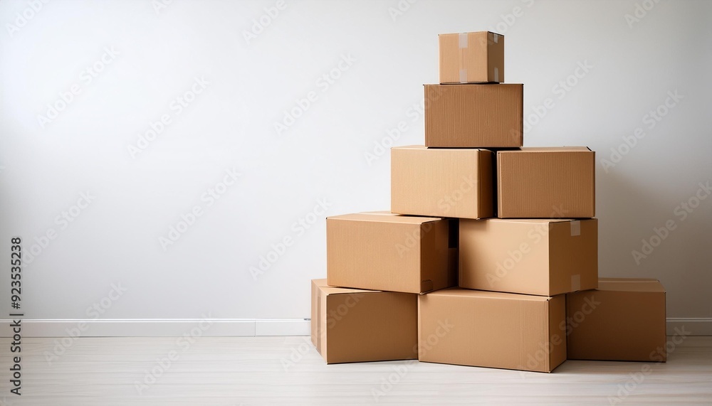 Fototapeta premium A towering stack of cardboard boxes against a minimalist white wall, representing the potential and anticipation of a new beginning.
