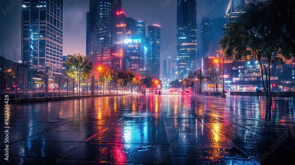 Vibrant City Skyline at Night with Illuminated Skyscrapers and Reflections on Wet Pavement. AI generated illustration Vibrant City Skyline at Night with Illuminated Skyscrapers and Reflections on Wet Pavement. AI generated illustration