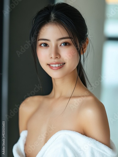 Smiling Asian woman wrapped in a white towel stands next to a glass door in a light-filled bathroom, with a soft brown wall behind her. photo