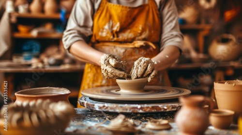 Cropped shot of an unrecognizable female ceramicist working with a pottery in a cozy workshop, creating a future vase or glass. Hand-made ceramics class of creative people. photo