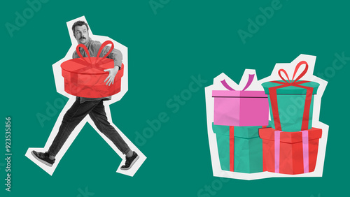 Obraz na plátně Man taking one giant red gift from stack of multicolored presents against green background