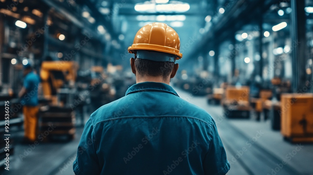 Worker in Factory Wearing Protective Gear Facing Away Worker in Factory Wearing Protective Gear Facing Away