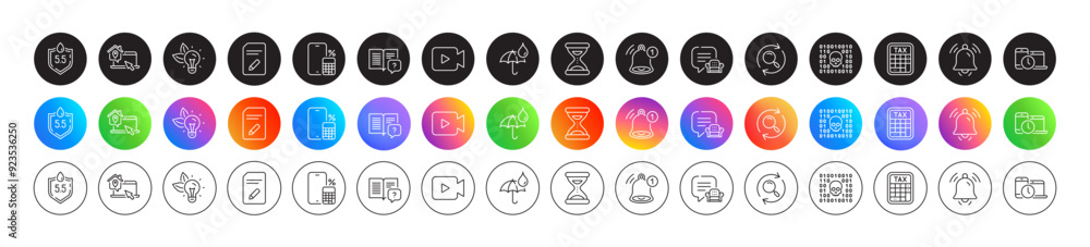 Notification bell, Eco energy and Phone calculator line icons. Round icon gradient buttons. Pack of Video camera, Edit document, Time management icon. Vector Notification bell, Eco energy and Phone calculator line icons. Round icon gradient buttons. Pack of Video camera, Edit document, Time management icon. Vector