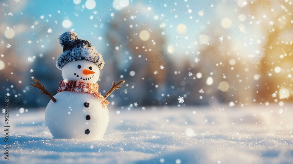 Snowflakes gently falling on a picturesque winter landscape, with a snowman standing in the foreground. Snowflakes gently falling on a picturesque winter landscape, with a snowman standing in the foreground.