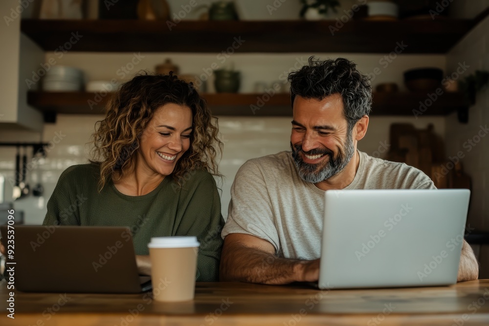 A pair of individuals seated at a table each with a laptop, engaging in their tasks while sharing smiles, demonstrating a blend of productivity and companionship in a modern setting. A pair of individuals seated at a table each with a laptop, engaging in their tasks while sharing smiles, demonstrating a blend of productivity and companionship in a modern setting.