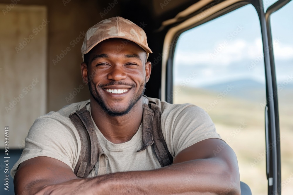 A truck driver with a cap, showing a broad smile, sits inside his truck, which reflects his sense of accomplishment and contentment in his profession.