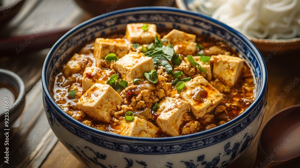 Mapo Tofu in a Blue and White Bowl. Mapo Tofu in a Blue and White Bowl.