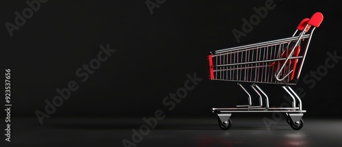 Empty shopping cart with red accents, placed against a dark, minimalist background. The reflective metal contrasts with the black backdrop, emphasizing the cart's sleek design photo