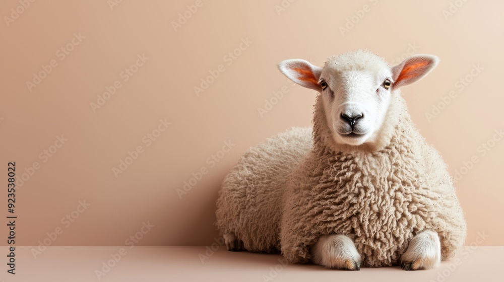 Fototapeta premium A white sheep is laying down on a wall