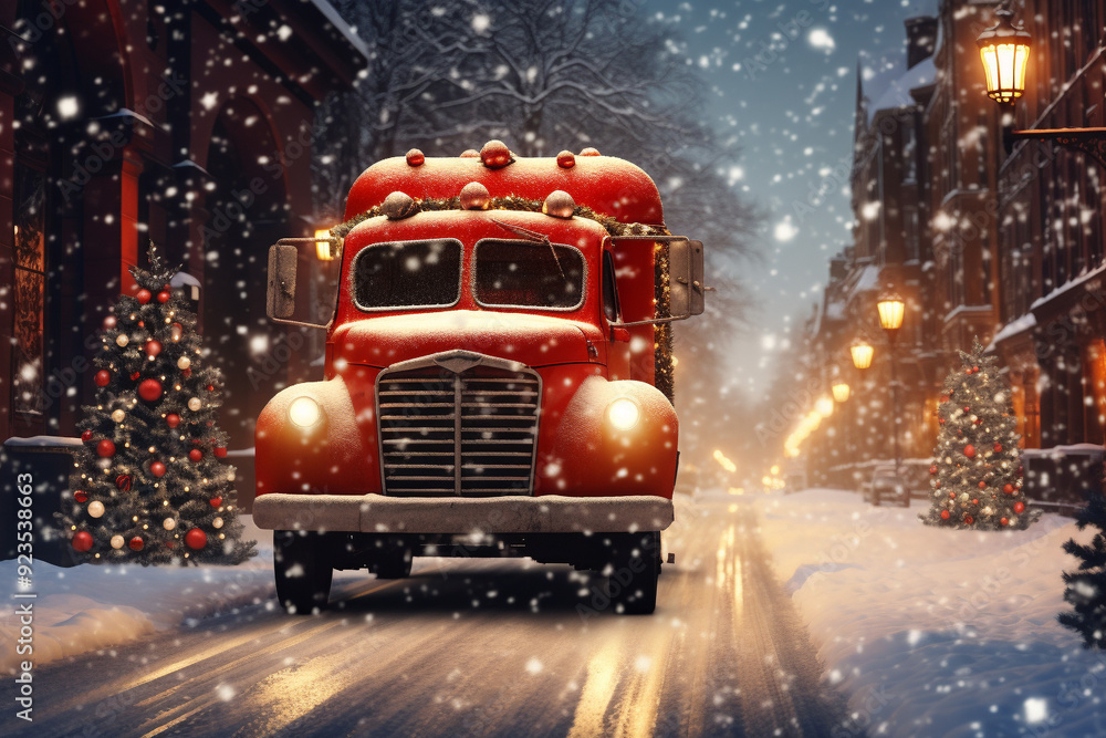 red christmas truck in snow red christmas truck in snow