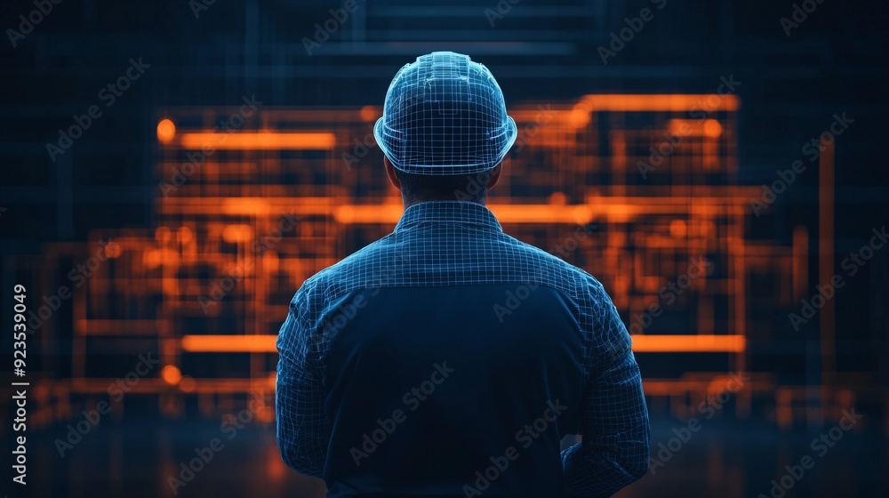 Engineer viewing digital blueprint Engineer viewing digital blueprint