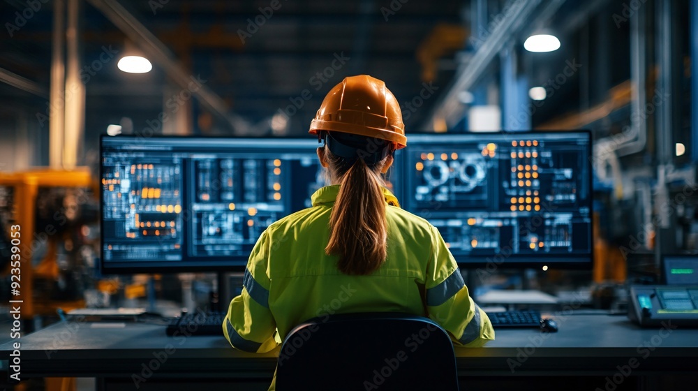Engineer Monitoring Industrial Control Systems on Dual Screens in Modern Factory Engineer Monitoring Industrial Control Systems on Dual Screens in Modern Factory