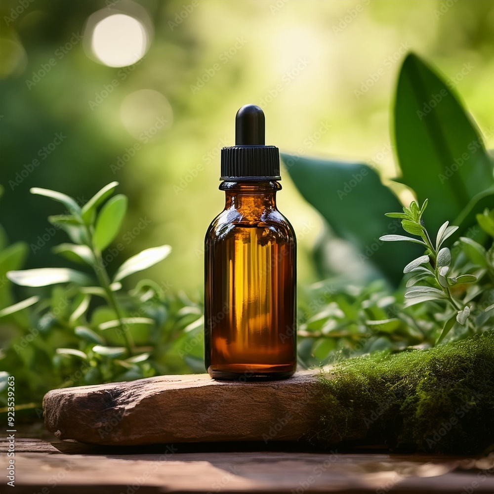 Essential Essence Amber bottle of aromatherapy oil, set against a verdant backdrop, promising tranquility and natural wellness. Essential Essence Amber bottle of aromatherapy oil, set against a verdant backdrop, promising tranquility and natural wellness.