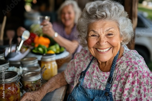 An elderly woman, with a bright smile, poses next to jars of canned preserves, embodying the satisfaction and joy that result from successful home canning efforts in a warm setting. photo