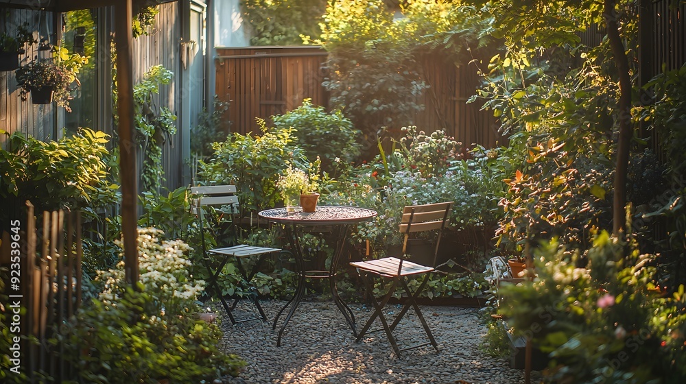 Sunny Backyard Patio with Two Chairs and a Table. Sunny Backyard Patio with Two Chairs and a Table.