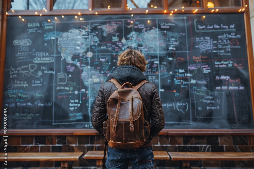 Student Analyzing World Map and Information Board Outside Cozy Coffee Shop Student Analyzing World Map and Information Board Outside Cozy Coffee Shop