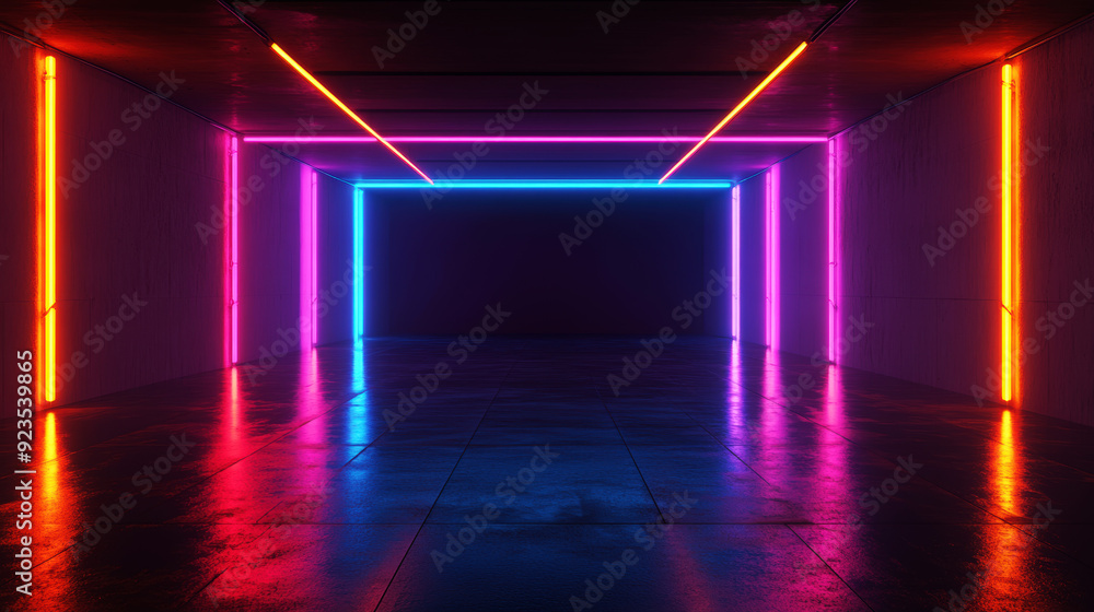 A neon lighted room with a long hallway A neon lighted room with a long hallway