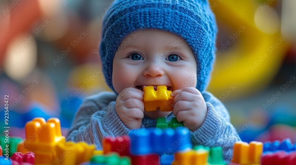 Obraz premium A joyful baby explores vibrant building blocks, smiling while sitting happily amidst a playful atmosphere in the warm autumn sunlight