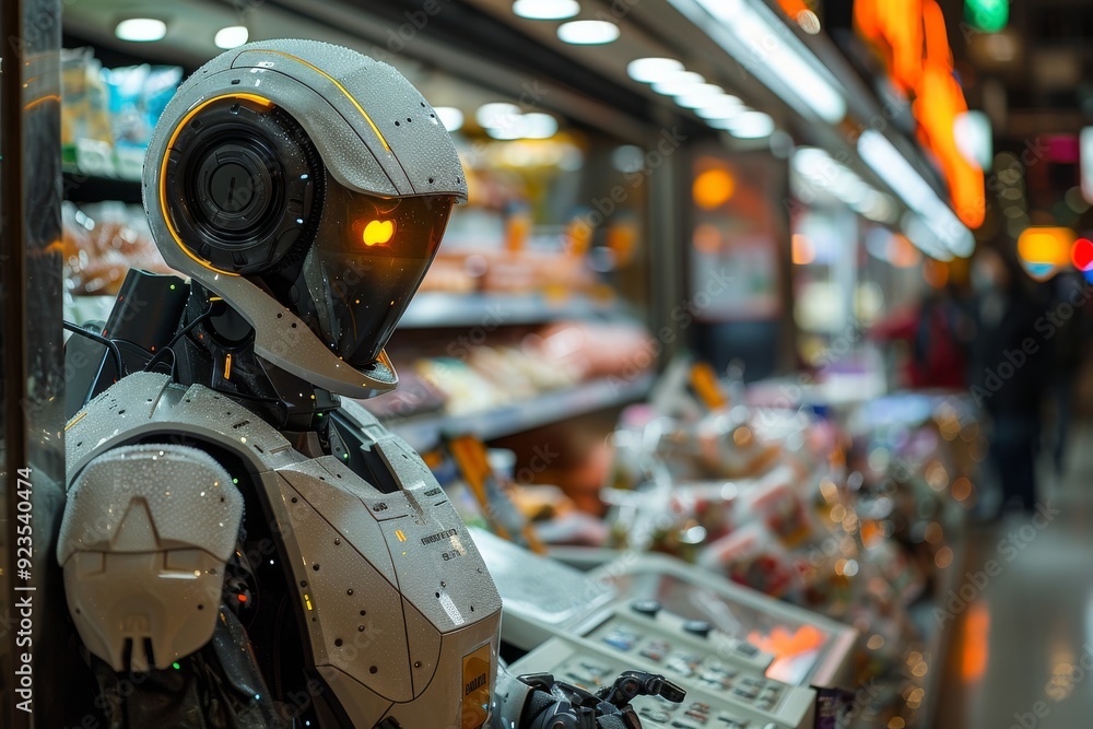 Futuristic Robot Displaying Advanced Technology Inside a Busy Urban Supermarket Late at Night Futuristic Robot Displaying Advanced Technology Inside a Busy Urban Supermarket Late at Night