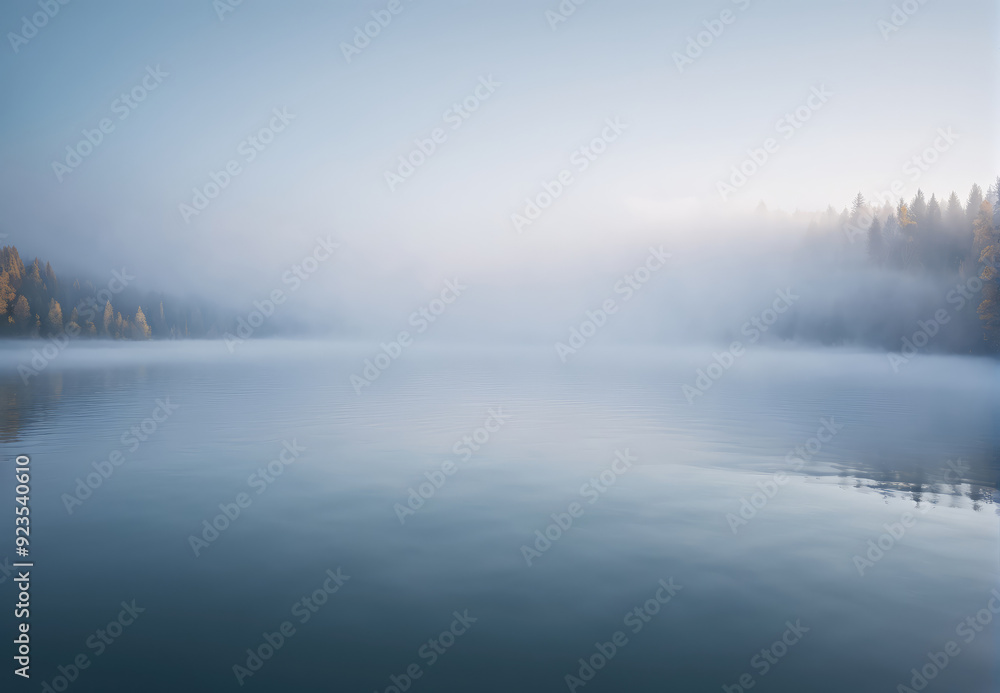Fototapeta premium Serene Morning Mist Over Tranquil Lake Surrounded by Lush Forest in Autumn