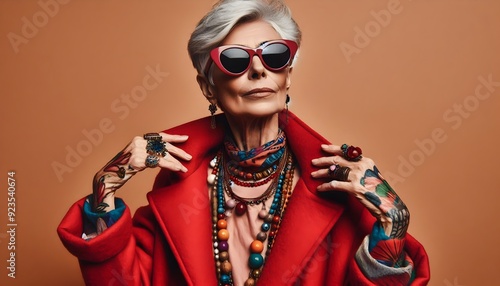 Stylish Elderly Woman in Coat with Matching Background Bold Fashion Statemen photo