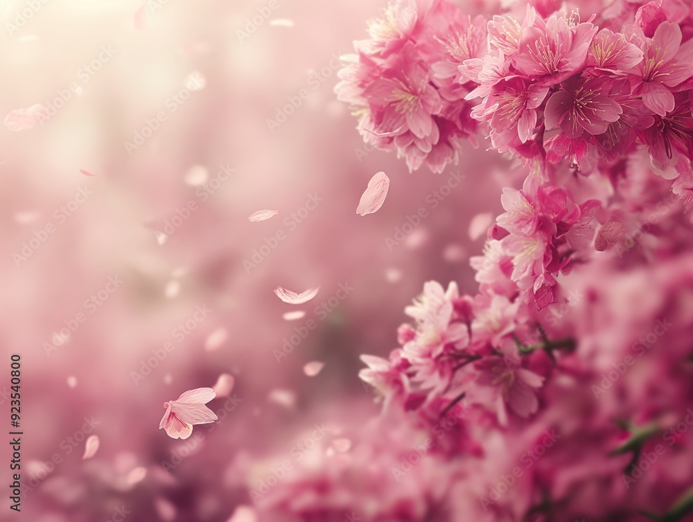 A serene scene of pink cherry blossoms with petals gently falling in a soft, dreamy atmosphere. A serene scene of pink cherry blossoms with petals gently falling in a soft, dreamy atmosphere.