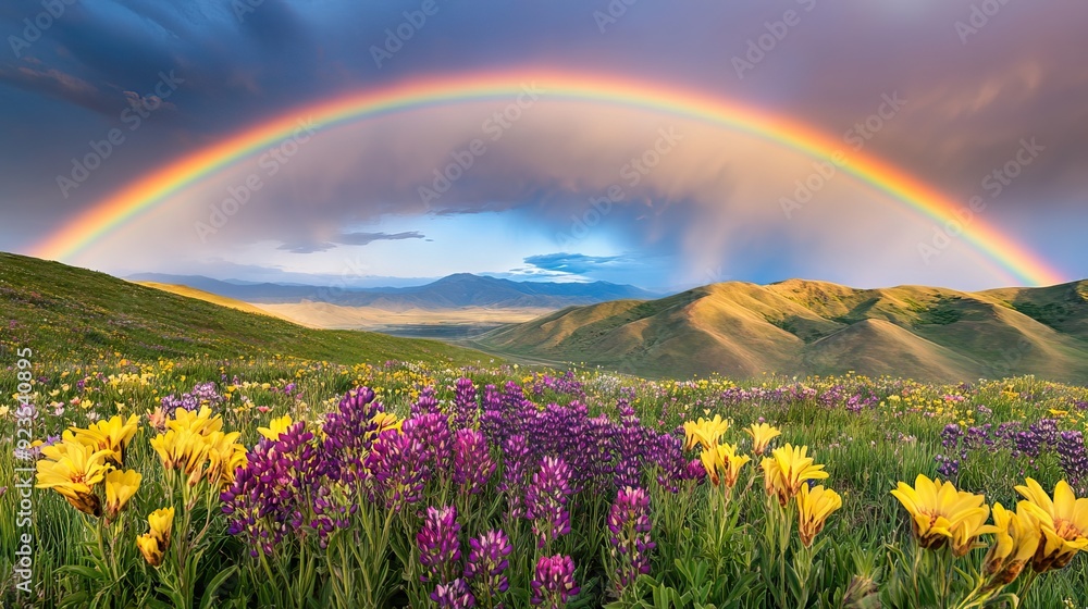 Naklejka premium Rolling Hills Covered in Blooming Wildflowers with Vibrant Rainbow and Clearing Sky. AI generated illustration
