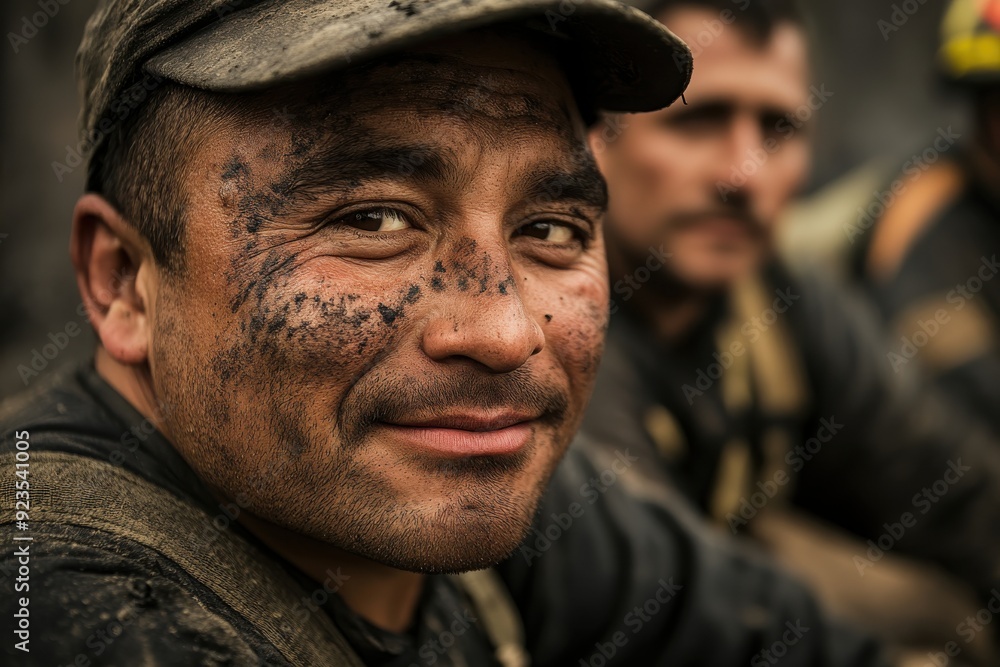 A cheerful firefighter with a dirty, soot-streaked face and cap, sitting in the company of fellow firefighters after their hard work against a wildfire. A cheerful firefighter with a dirty, soot-streaked face and cap, sitting in the company of fellow firefighters after their hard work against a wildfire.
