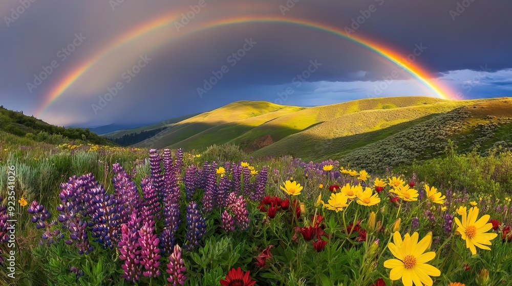 Naklejka premium Rolling Hills Covered in Blooming Wildflowers with Vibrant Rainbow and Clearing Sky. AI generated illustration
