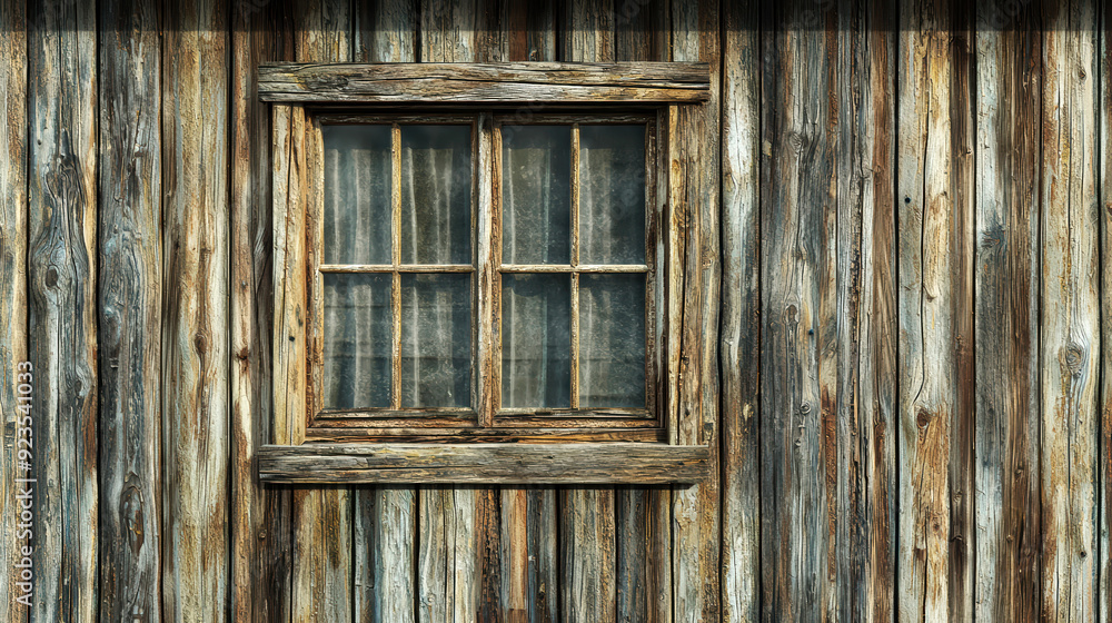 A window with a wooden frame sits in front of a wooden wall A window with a wooden frame sits in front of a wooden wall