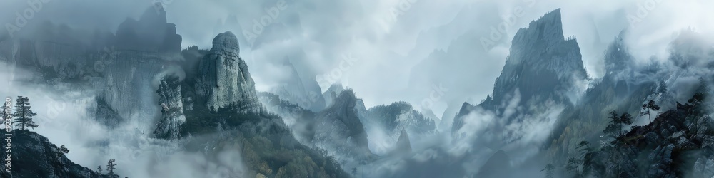 Enigmatic fog shrouding towering rock formations Low-hanging clouds surrounding impressive cliffs Minimalist landscape of a mysterious setting Ethereal view showcasing dramatic cliffs Enigmatic fog shrouding towering rock formations Low-hanging clouds surrounding impressive cliffs Minimalist landscape of a mysterious setting Ethereal view showcasing dramatic cliffs