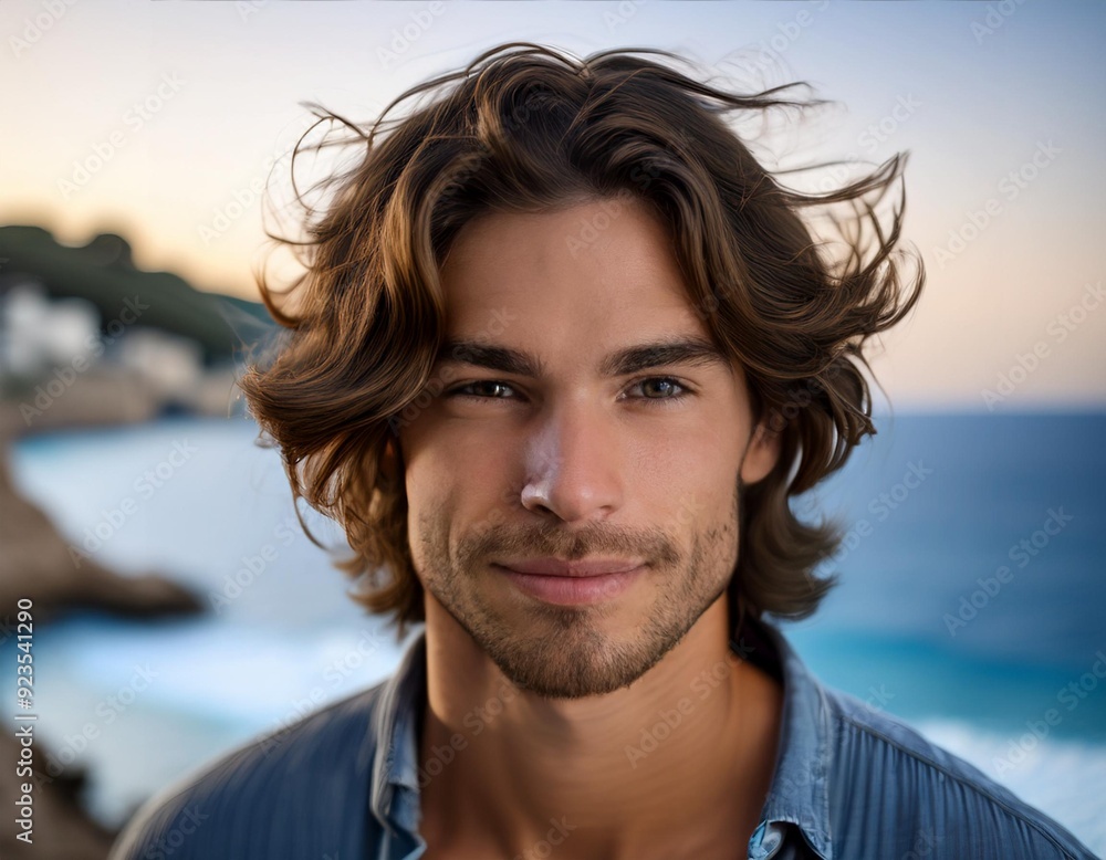 Mediterranean Charm A portrait of a young man with captivating blue eyes and tousled dark hair, his bohemian style radiating a carefree and magnetic aura. Mediterranean Charm A portrait of a young man with captivating blue eyes and tousled dark hair, his bohemian style radiating a carefree and magnetic aura.