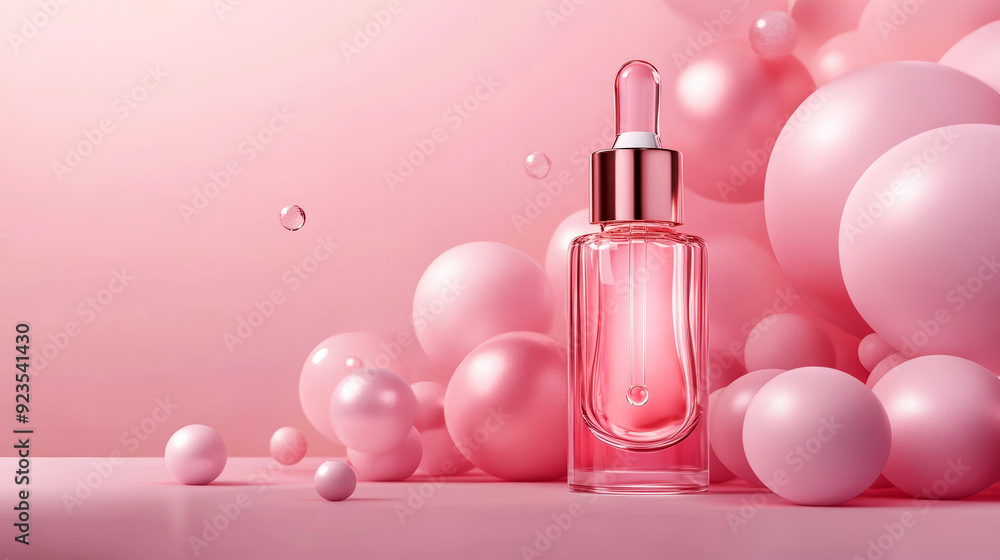 A bottle of perfume is surrounded by pink spheres A bottle of perfume is surrounded by pink spheres