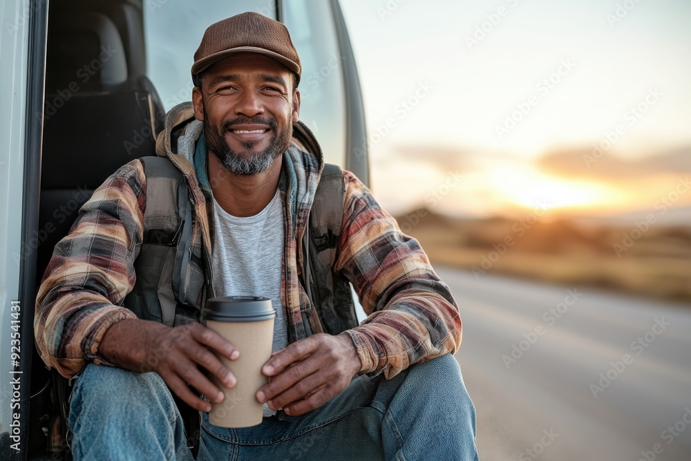 A man sits by his vehicle door, holding a coffee cup and smiling warmly, with the background showcasing a serene and slightly blurred landscape at sunrise. A man sits by his vehicle door, holding a coffee cup and smiling warmly, with the background showcasing a serene and slightly blurred landscape at sunrise.