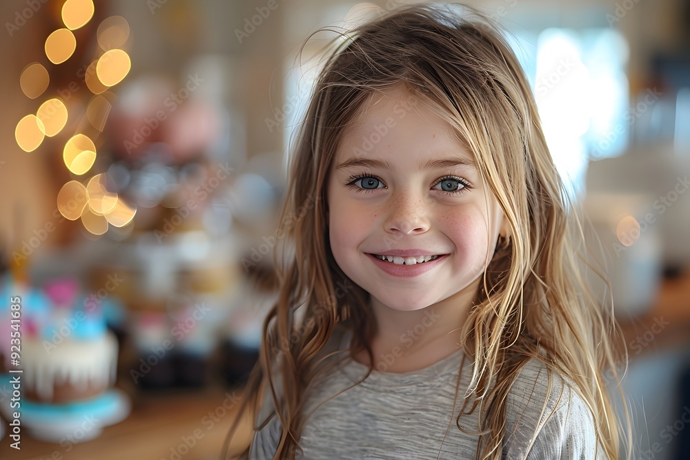 Obraz premium Portrait of a Smiling Little Girl Celebrating Her Birthday with a Cake