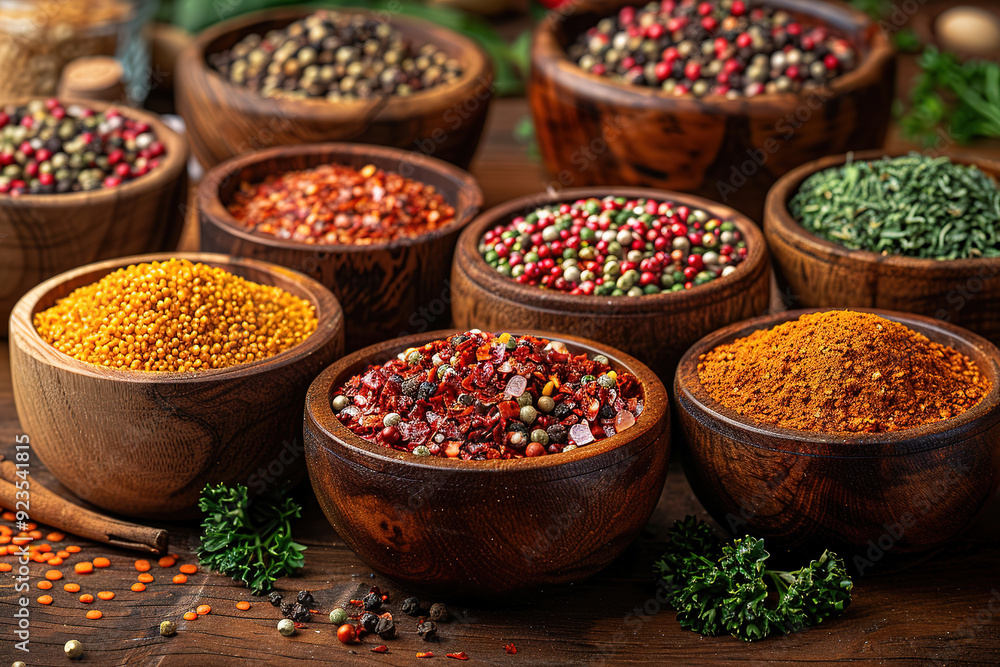 different seeds and other spices on a wooden table, front view shot different seeds and other spices on a wooden table, front view shot