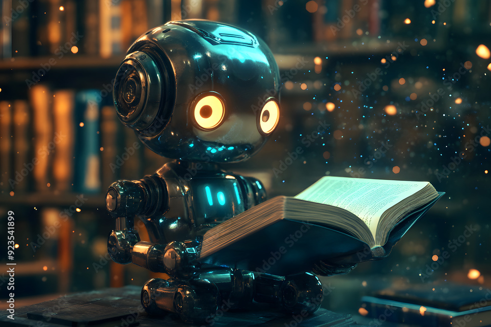 Fototapeta premium Cute friendly artificial intelligence robot reading book 3d illustration. Chatbot and AI assistant concept 