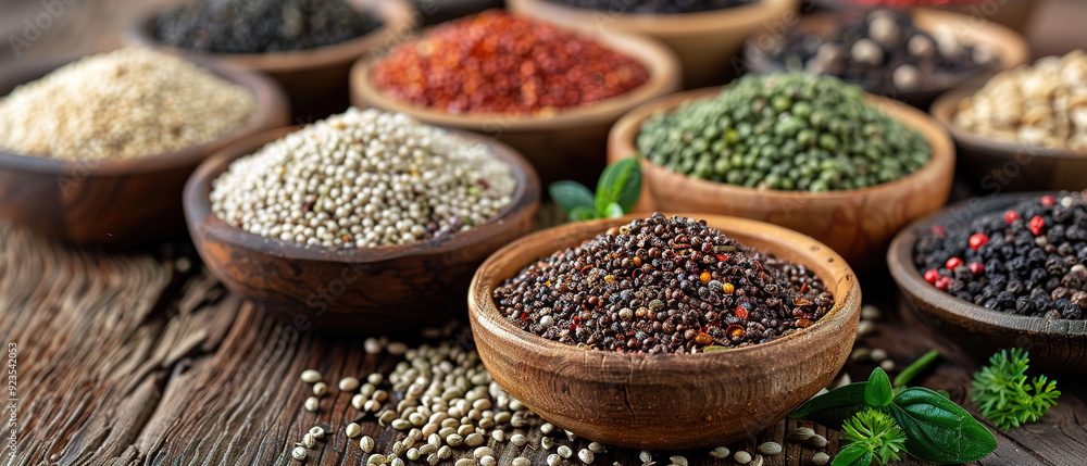 different seeds and other spices on a wooden table, front view shot different seeds and other spices on a wooden table, front view shot