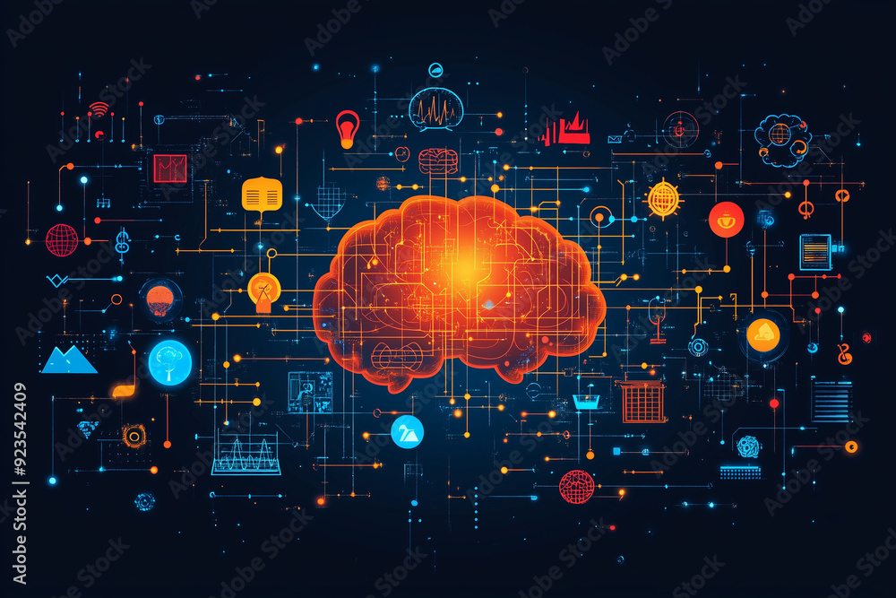 A brain with a web of connections to different icons, like music, science, and art, symbolizing interdisciplinary idea generation.
