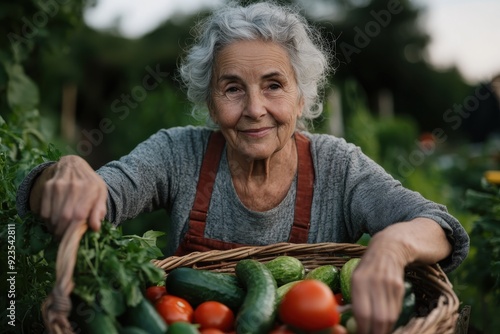 An elderly woman in a garden holds a basket overflowing with fresh vegetables, symbolizing natural abundance, hard work, and the nurturing love for homegrown produce.