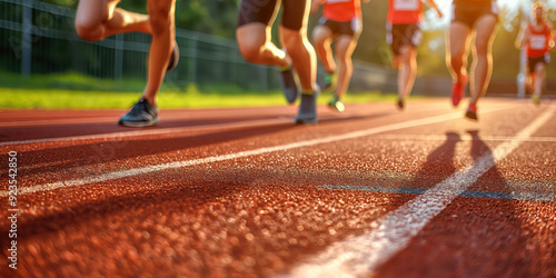 Athletes Running on Track at Sunset During Competitive Race photo