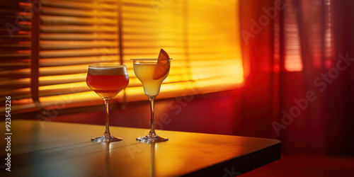 Sunset Lit Restaurant Scene with Two Cocktail Glasses on Table photo