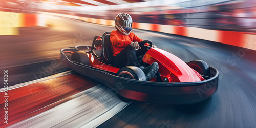 Person Driving Red Go-Kart on Indoor Racing Track with Motion Blur in Background