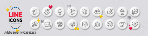 Calendar, Rainbow and Discounts app line icons. White buttons 3d icons. Pack of Boat fishing, Airplane mode, Grilled sausage icon. Say yes, Creative idea, Buyers pictogram. Vector