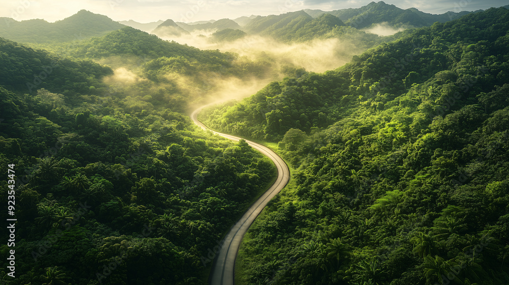 Curved Road Through Lush Jungle in Misty Mountain Landscape Curved Road Through Lush Jungle in Misty Mountain Landscape