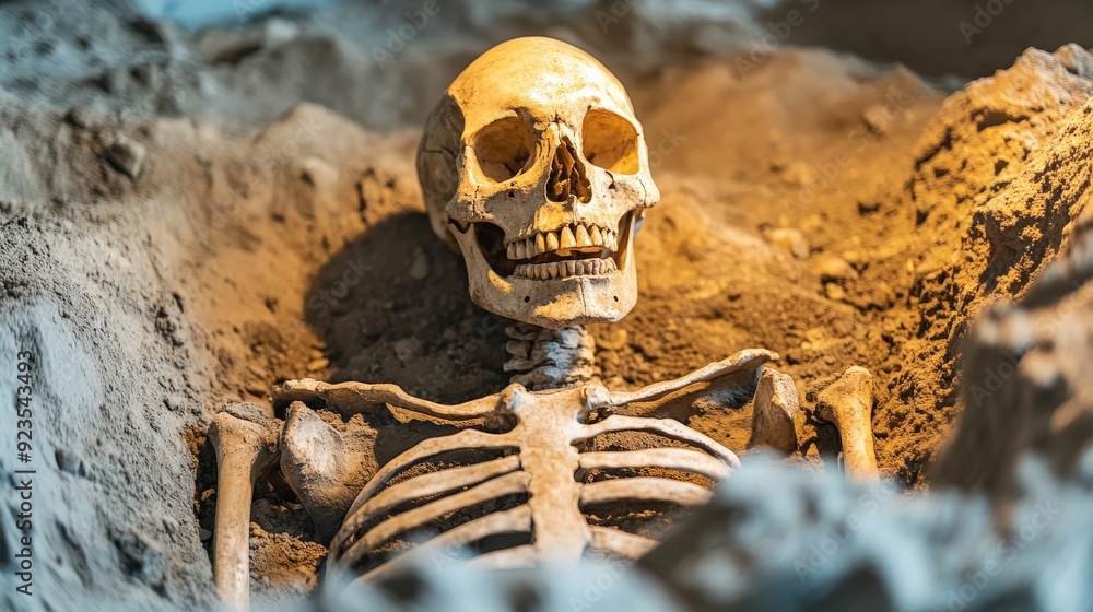 A skeleton is laying in the dirt, with its head turned to the side A skeleton is laying in the dirt, with its head turned to the side