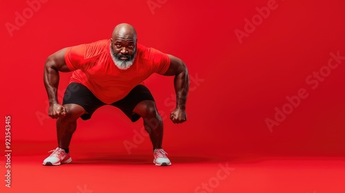 Determined Obese Man Pushing Through High-Intensity Burpee Workout on Solid Red Background with Copy Space., Generative AI photo